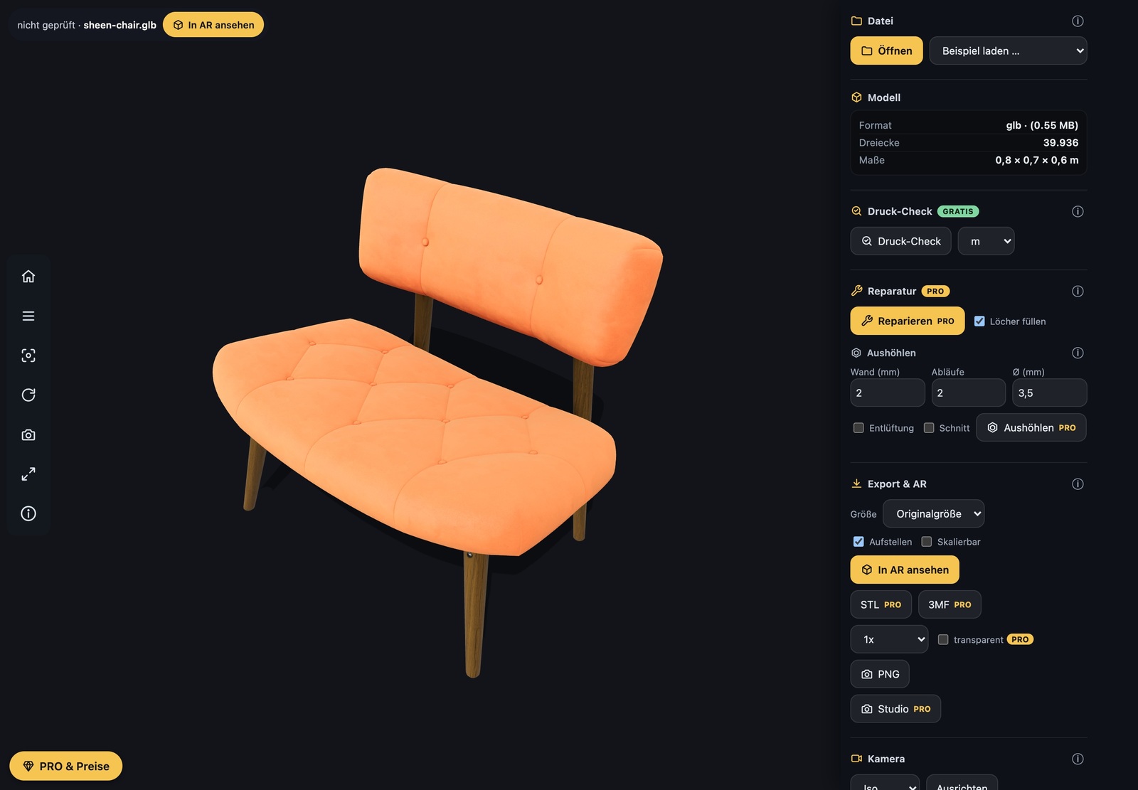3D Viewer — Browseraufnahme · geladenes 3D-Modell
